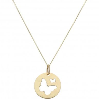 New 9ct Yellow Gold Butterfly Disc Pendant & 18" Chain Necklace