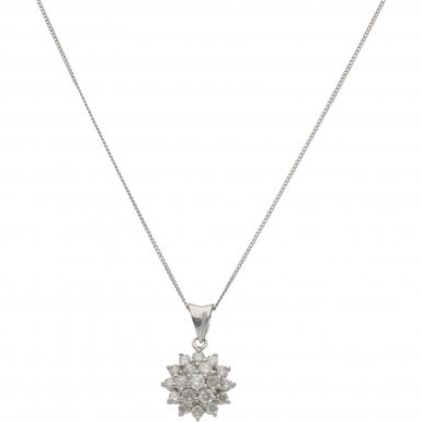 New 9ct White Dold 1.00ct Diamond Cluster Pendant & 18" Necklace