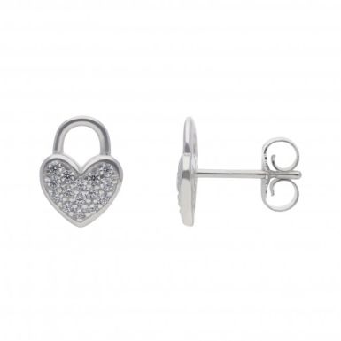 New Sterling Silver Cubic Zirconia Padlock Design Stud Earrings