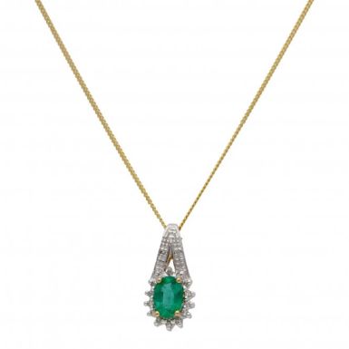 New 9ct Yellow Gold Emerald & Diamond Pendant & 18" Necklace