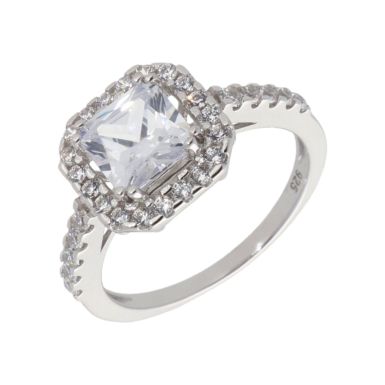 New Sterling Silver Cubic Zirconia Square Halo Cluster Ring
