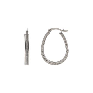New Rhodium Finish Silver Moondust Oval Creole Hoop Earrings