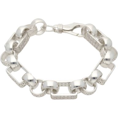New Silver 9.5" Stone Set Long Link & Belcher Bracelet 1.4oz