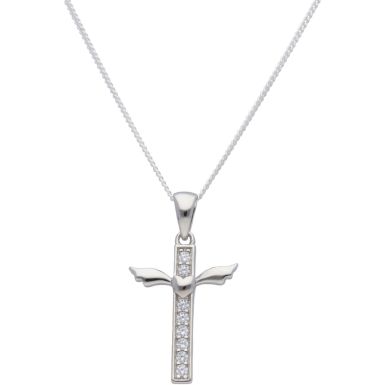 New Silver Stone Set Cross & Heart with Wings Necklace