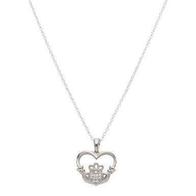 New Sterling Silver Stone Set Claddagh Pendant & 16" Necklace