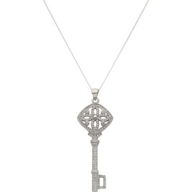 New Sterling Silver Cubic Zirconia Large Key & 20" Necklace