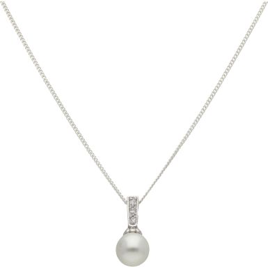 New Sterling Silver Simulated Pearl & Cubic Zirconia 18" Chain