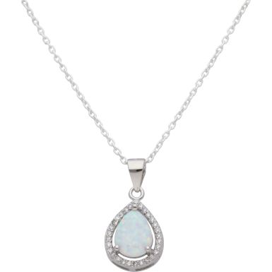New Sterling Silver Synthetic Opal & CZ Pendant & 18" Necklace