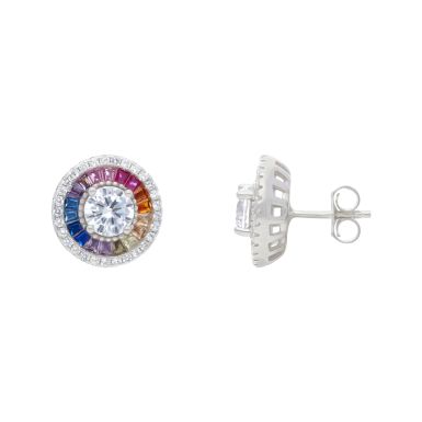 New Sterling Silver Cubic Zirconia Rainbow Stud Earrings
