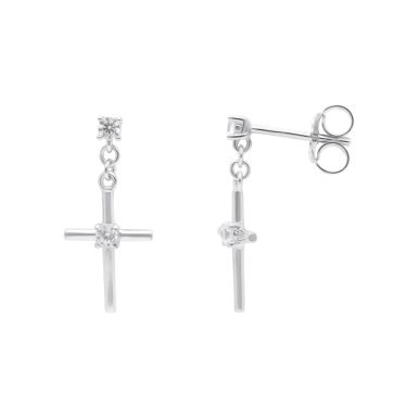 New Sterling Silver Cubic Zirconia Cross Drop Earrings