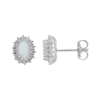 New Sterling Silver Cultured Opal & Cubic Zirconia Stud Earrings
