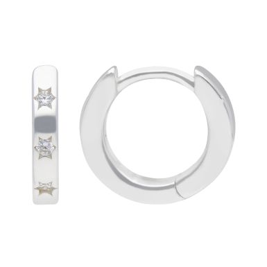 New Sterling Silver Stone Set Star 10mm Huggie Hoop Earrings