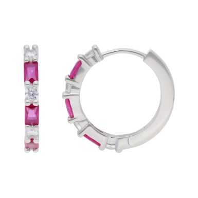 New Sterling Silver Red Gem Set Huggie Hoop Earrings
