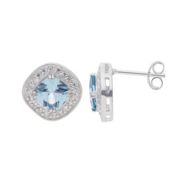 New Sterling Silver Blue & White Cushion Shaped Stud Earrings