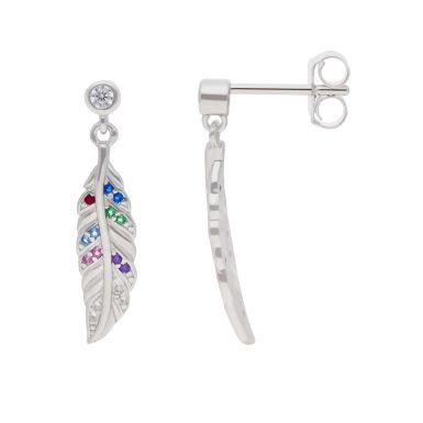 New Sterling Silver Multi-Colour Stone Set Feather Drop Earrings