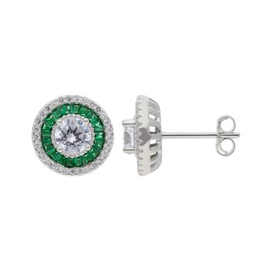 New Sterling Silver Green & White Cubic Zirconia Stud Earrings
