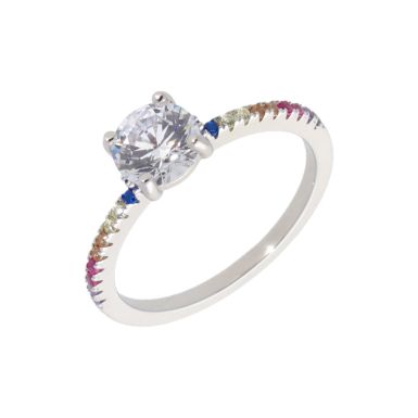 New Sterling Silver Cubic Zirconia Rainbow Solitaire Ring