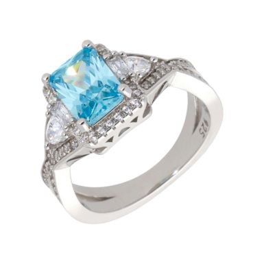 New Sterling Silver Aqua-Blue & Clear Cubic Zirconia Ring