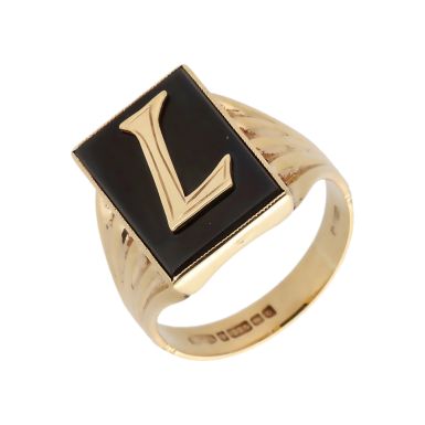 Pre-Owned 9ct Yellow Gold Onyx & Gold Initial L Signet Ring