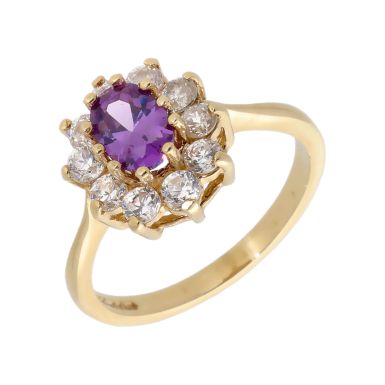 Pre-Owned 9ct Yellow Gold Amethyst & Cubic Zirconia Cluster Ring