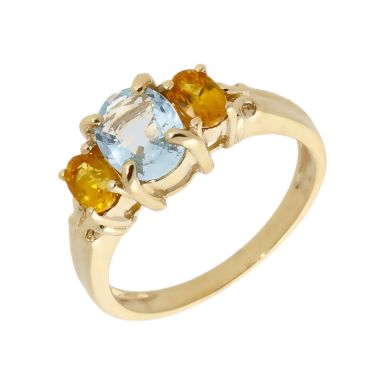 Pre-Owned 9ct Gold Orange & Blue Topaz Trilogy Dress Ring