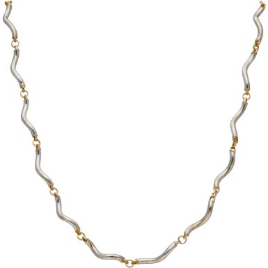 Pre-Owned 9ct Yellow & White Gold 16 Inch Wave Link Necklet