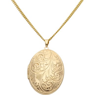Pre-Owned 9ct Gold Patterned Locket Pendant & Chain Necklace