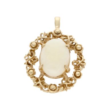 Pre-Owned 9ct Yellow Gold Floral Edged Oval Opal Pendant