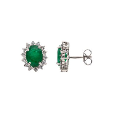 Pre-Owned 9ct White Gold Emerald & Diamond Cluster Stud Earrings