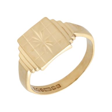 Pre-Owned 9ct Yellow Gold Star Patterned Rectangle Signet Ring