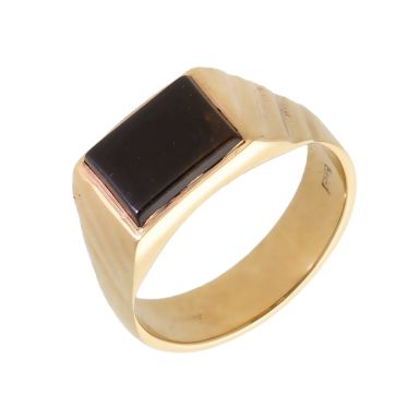 Pre-Owned 9ct Yellow Gold Patterned Shoulder Onyx Signet Ring