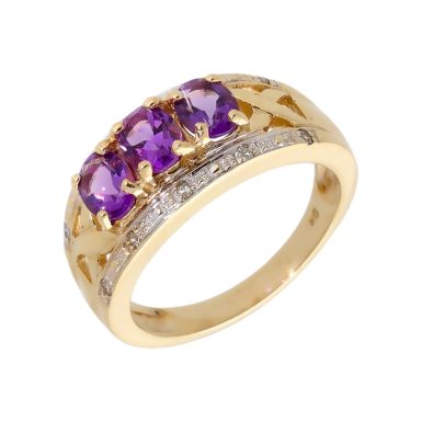 Pre-Owned 9ct Yellow Gold Amethyst & Diamond Dress Ring