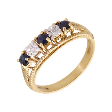 Pre-Owned 9ct Yellow Gold Sapphire & Diamond 5 Stone Dress Ring