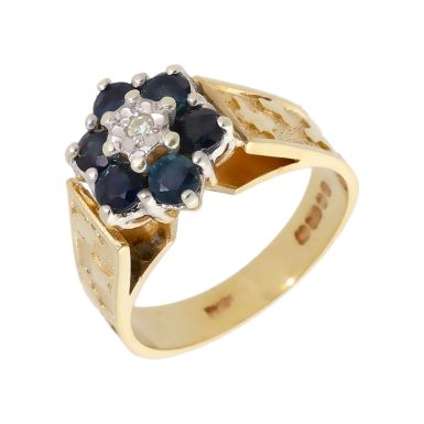 Pre-Owned 9ct Yellow Gold Sapphire & Diamond Cluster Ring