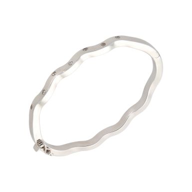 Pre-Owned 9ct White Gold Cubic Zirconia Set Hollow Wave Bangle