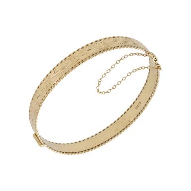 Pre-Owned 9ct Yellow Gold Hinged Rope Edged Patterned Bnagle