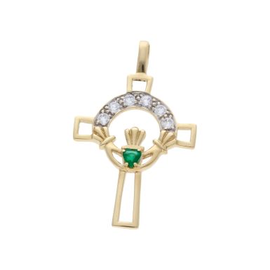 Pre-Owned 9ct Yellow Gold Gemstone Set Claddagh Cross Pendant