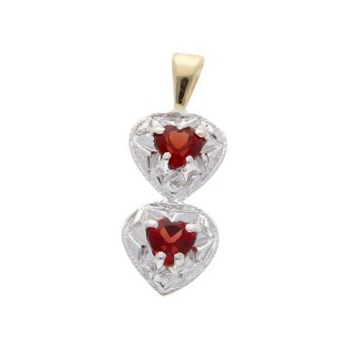Pre-Owned 9ct Gold Garnet & Diamond Set Double Heart Pendant