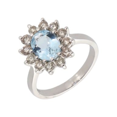 New 9ct White Gold Aquamarine & Diamond Oval Cluster Ring