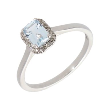 New 9ct White Gold Aquamarine & Diamond Rectangle Cluster Ring